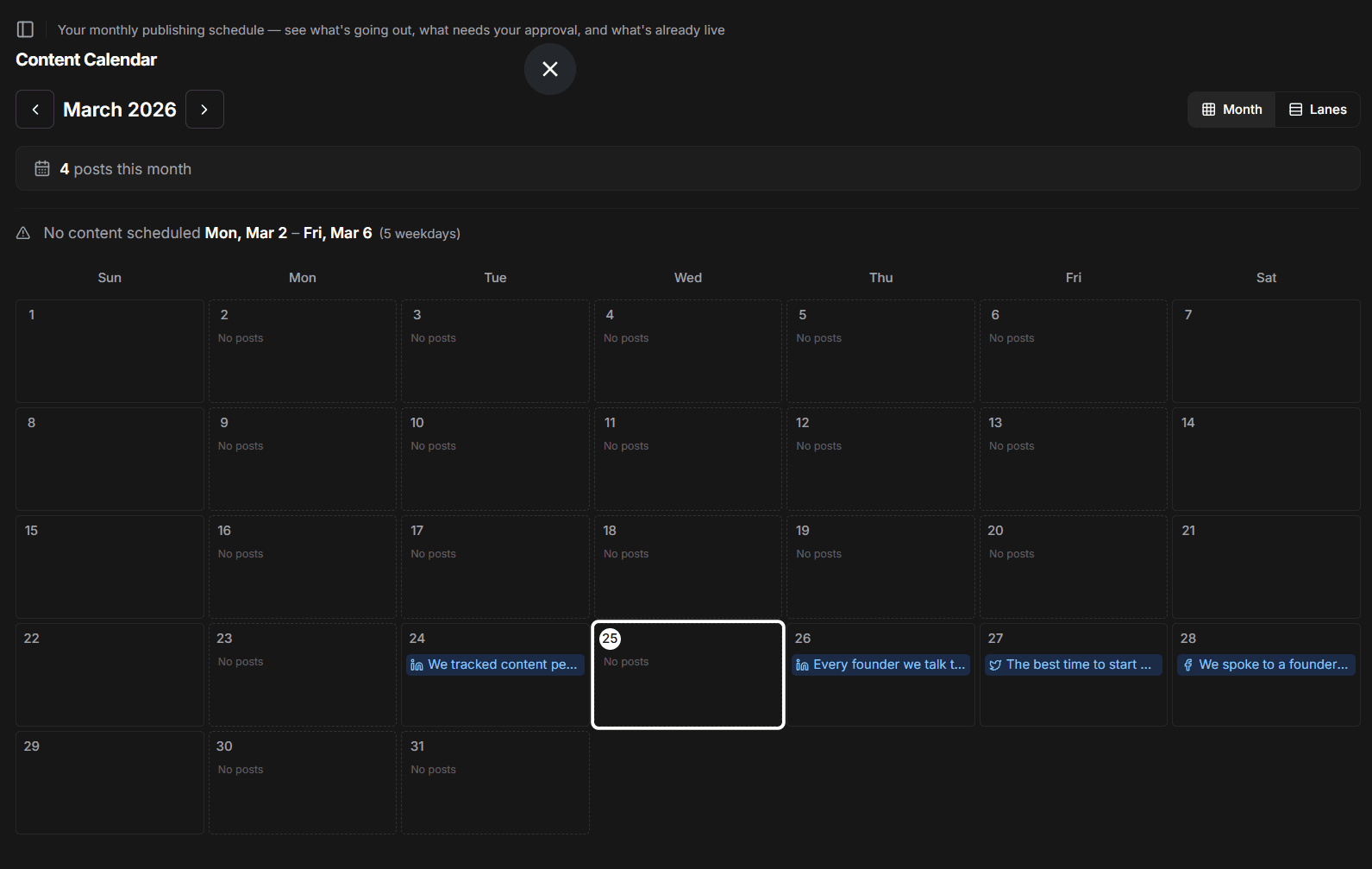 Content calendar showing scheduled posts across platforms