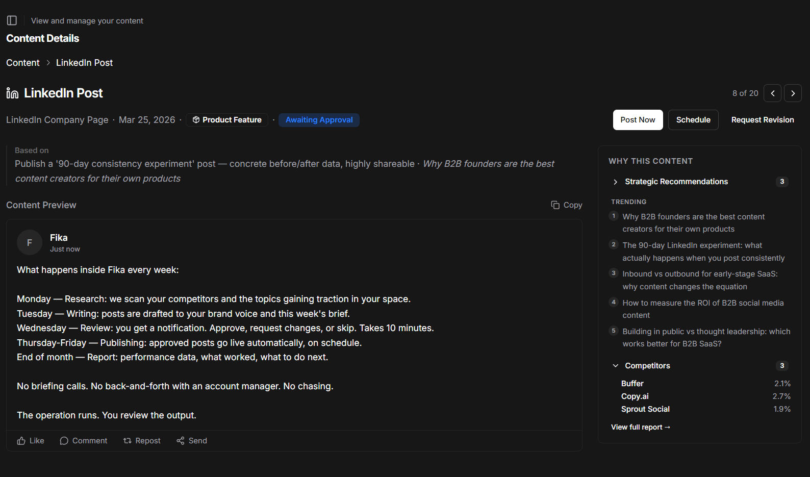 Content review screen with approve and revision buttons